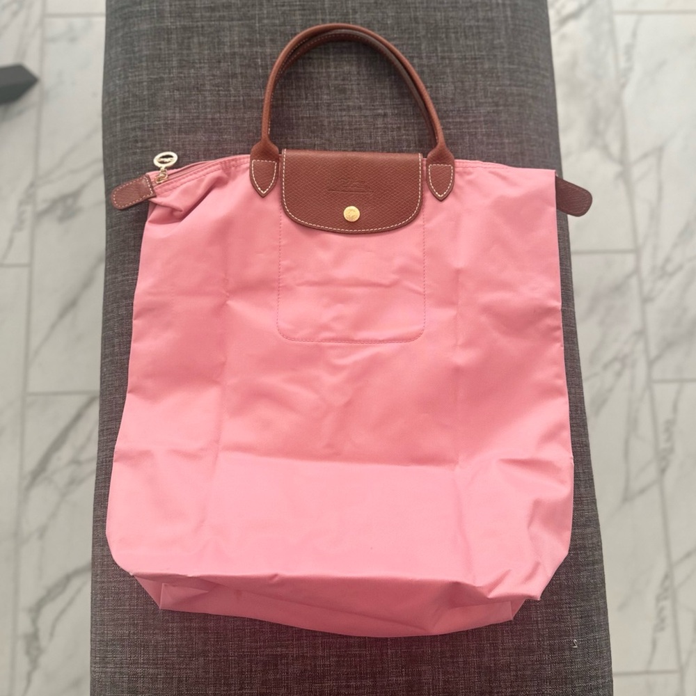 Longchamp Pink Tote Bag with Brown Leather and Zipper Closure